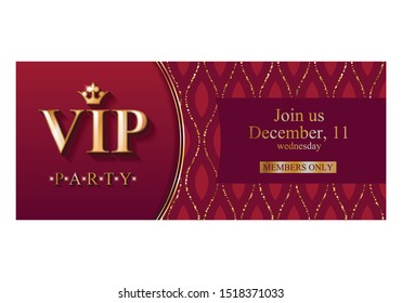 VIP Club Party Premium Invitation Card Poster Flyer. Red And Golden Design Template. Golden Wavy Lines Pattern Decorative Vector Background.