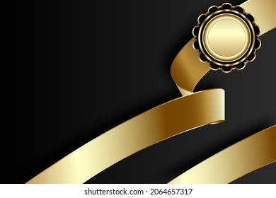 VIP club party premium invitation card poster flyer. Black and golden design template. Golden ribbons with round stamp label decorative vector background.