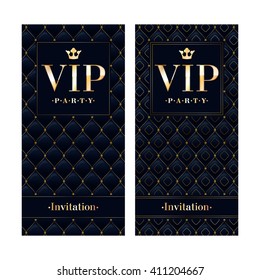 VIP Club Party Premium Invitation Card Poster Flyer. Black And Golden Design Template. Quilted Pattern Decorative Vector Background.