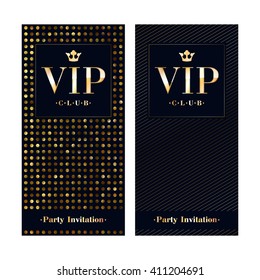 VIP club party premium invitation card poster flyer. Black and golden design template. Sequins and diagonal lines pattern decorative vector background.