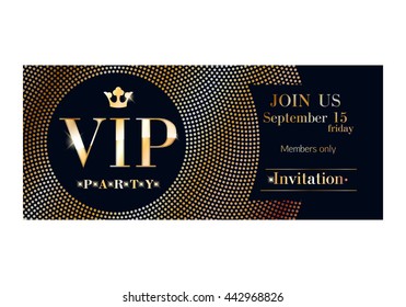 VIP club party premium invitation card poster flyer. Black and golden design template. Sequins and circles pattern decorative vector background.