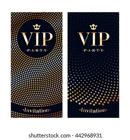 VIP club party premium invitation card poster flyer. Black and golden design template. Sequins and circles pattern decorative vector background.