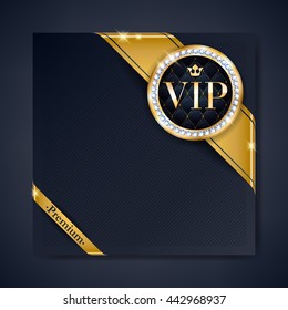 VIP club party premium invitation card poster flyer. Black and golden design template. Golden ribbons with round stamp label decorative vector background.