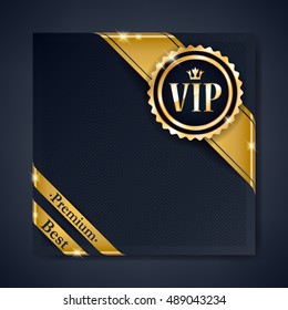 VIP club party premium invitation card poster flyer. Black and golden design template. Golden ribbons with round stamp label decorative vector background.