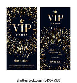 VIP club party premium invitation card poster flyers set. Black and golden burst design template. Sharp oval sequins pattern decorative vector background.