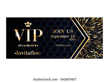 VIP club party premium invitation card poster flyer. Black and golden burst design template. Sharp oval sequins pattern decorative vector background.