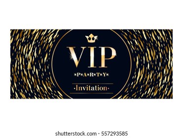 VIP club party premium invitation card poster flyer. Black and golden round burst design template. Metal sequins pattern decorative vector background.