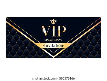 VIP Club Party Premium Invitation Card Poster Flyer. Black And Golden Design Template. Quilted Pattern Decorative Vector Background.