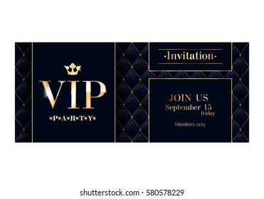 VIP Club Party Premium Invitation Card Poster Flyer. Black And Golden Design Template. Quilted Pattern Decorative Vector Background.