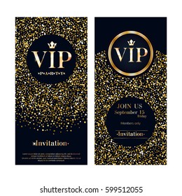 VIP club party premium invitation card poster flyer. Black and golden design template. Sequins and circles pattern decorative vector background.
