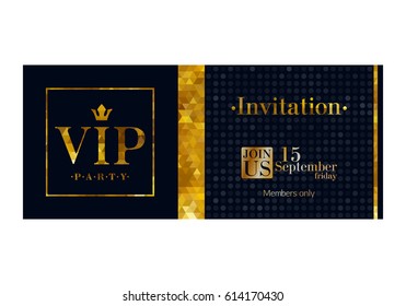 VIP club party premium invitation card poster flyer. Black and golden design template. Mosaic pattern decorative vector background.