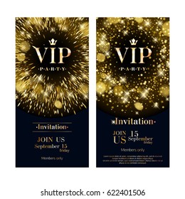 VIP club party premium invitation card poster flyer. Black and golden design template. Stars and sparkles pattern decorative vector background.