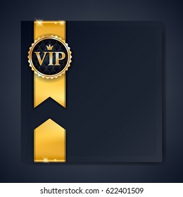 VIP Club Party Premium Invitation Card Poster Flyer. Black And Golden Design Template With Copy Space. Golden Ribbons With Round Stamp Label Decorative Vector Background.