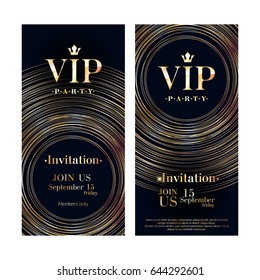 VIP club party premium invitation card poster flyer. Black and golden design template. Metallic circles pattern decorative vector background.