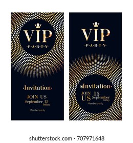 VIP club party premium invitation card poster flyer. Black and golden design template. Sequins and circles pattern decorative vector background.