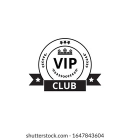 VIP club round badge with ribbon flag isolated on white background -flat black icon with text and crown symbol surrounded by wreaths and stars. Vector illustration.