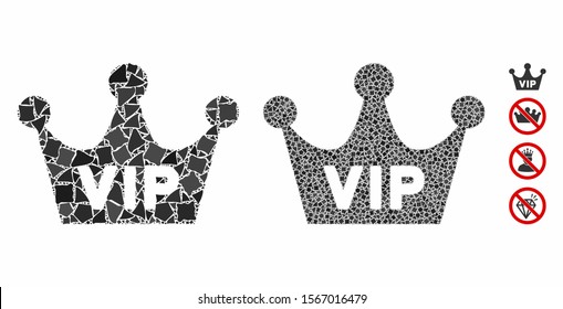 VIP crown composition of unequal pieces in variable sizes and color hues, based on VIP crown icon. Vector raggy pieces are combined into composition. VIP crown icons collage with dotted pattern.