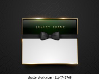 Vip dark green glass label with golden frame and black bow tie on black silk geometric background. White text place. Premium glossy template . Vector luxury illustration