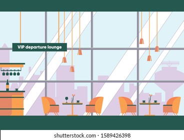 Vip Departure Lounge Interior Inside Airport Terminal Building. Business First Class Passenger Empty Waiting Room. Alcohol Bar Counter, Coffee Table with Chairs Vector Illustration