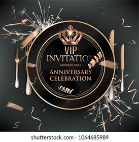 Vip dinner invitation card with cold confetti, plate and cutlery. Vector illustration