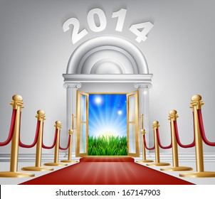 A VIP door opening to reveal a sunrise and beautiful green landscape. Perhaps a concept for hope for the future.