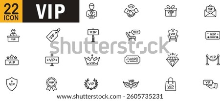 VIP editable outline icon set. Exclusive access, premium membership, luxury service, special badge, elite status and more.