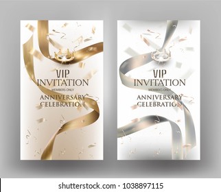 VIP elegante Einladungskarten mit fliegenden Konfetti- und Seidenbändern. Vektorgrafik