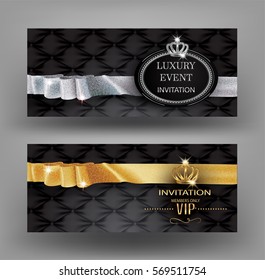 VIP elegant cards with sparkling ribbons, scissors, vintage background. Vector illustration