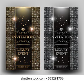 VIP elegant invitation cards with gold and silver design elements. Vector illustration