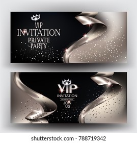 VIP elegant invitation cards with silver ribbons and dust. Vector illustration