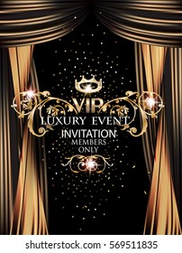 VIP elegant luxury event invitation card with gold theater curtains. Vector illustration