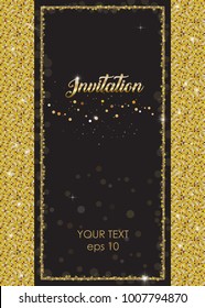 VIP elegant sparkling invitation with gold frame. Flashing label with shine glitter decoration on black background. Dots shimmer vector illustration for wedding envelope, card, banner.