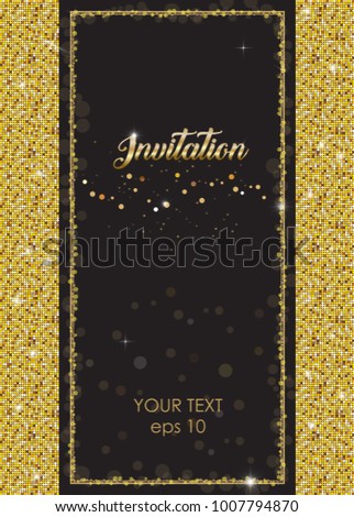 VIP elegant sparkling invitation with gold frame. Flashing label with shine glitter decoration on black background. Dots shimmer vector illustration for wedding envelope, card, banner.