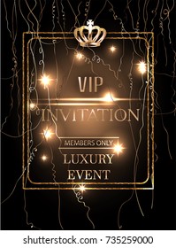 VIP event Invitation card with gold serpentine, crown and frame . Vector illustration