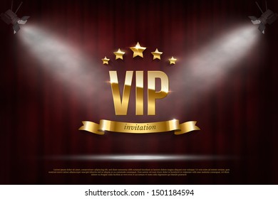 VIP event invitation realistic illustration. Festive red curtain vector luxury background. Retro cinema, classic theater drop and golden ribbon 3D vector horizontal backdrop. Five shiny stars