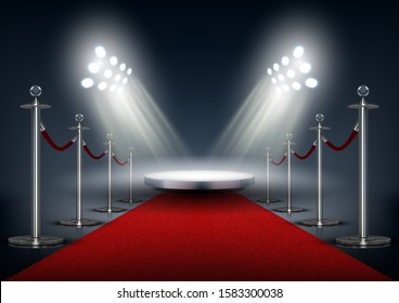 Vip Event Red Carpet Ceremonial With Chrome Barriers And Round Stage Illuminated By Spotlights. EPS10 Vector