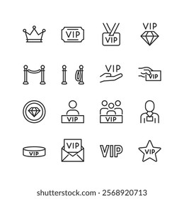 VIP and Exclusive Access, linear style icon set. Symbols of luxury, exclusivity, and premium services. Crown, badge, ticket, and priority access items. Editable stroke width