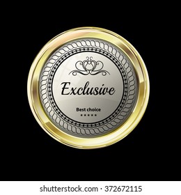 Vip exclusive gold label. Reliability and comfort. White glossy stone  in gold. Vector vintage label with text on black background