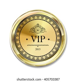 Vip exclusive gold label. Reliability and comfort. Yellow emblem with reflection, glitter and shine. Vector vintage label with text on white background
