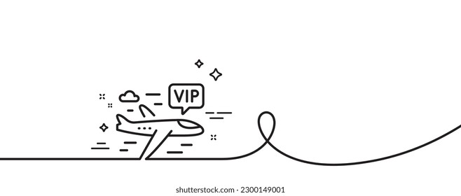 Vip flight line icon. Continuous one line with curl. Very important person airplane sign. Charter plane symbol. Vip flight single outline ribbon. Loop curve pattern. Vector