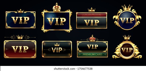 Vip frames, black label with golden glowing and square border with crown on top set. Dark premium template. Luxury design for important person, premium card, invitation vector illustration.