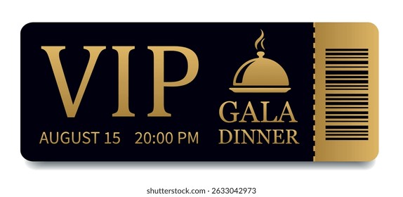 VIP Gala Dinner Ticket with Gold Embossing and Barcode. Vector Luxury Black Ticket with Logo. Elegant Design for Dinner, Events, Shows, Concerts, Exclusive Parties and Premium Access