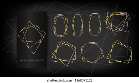 VIP Geometric Wedding Invitation, Set of Golden Frames. Vector Birthday, New Year, Christmas Holidays Border Collection. Geometric Premium Gold Glitter Background, Wedding Cards. Polygon Package Set