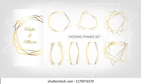 VIP Geometric Wedding Invitation, Set of Golden Frames. Vector Birthday, New Year, Christmas Holidays Border Collection. Geometric Premium Gold Glitter Background, Wedding Cards. Polygon Package Set