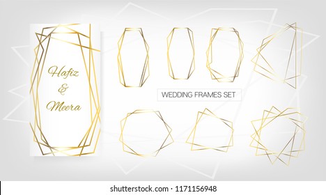 VIP Geometric Wedding Invitation, Set Of Golden Frames. Vector Birthday, New Year, Christmas Holidays Border Collection. Sparkle Gradient Rich Golden Ads, Wedding Card Background. Polygon Borders Set