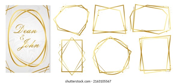 VIP Geometric Wedding Invitation, Set of Golden Frames. Vector Birthday, New Year, Christmas Holidays Border Collection. Sparkle Gradient Rich Golden Ads, Wedding Card Background. Polygon Borders Set