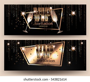 VIP gold banners with serpentine  and glasses of champagne. Vector illustration