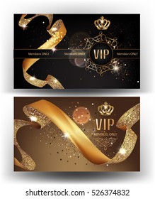 VIP gold banners with sparkling curly ribbons and crowns. Vector illustration