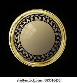Vip gold label. Reliability and comfort. Light brown glossy stone  in gold with reflection and shine. Vector label for text on black background