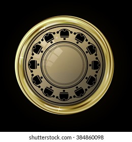 Vip gold label. Reliability and comfort. Light brown glossy stone  in gold with reflection and shine. Vector label for text on black background